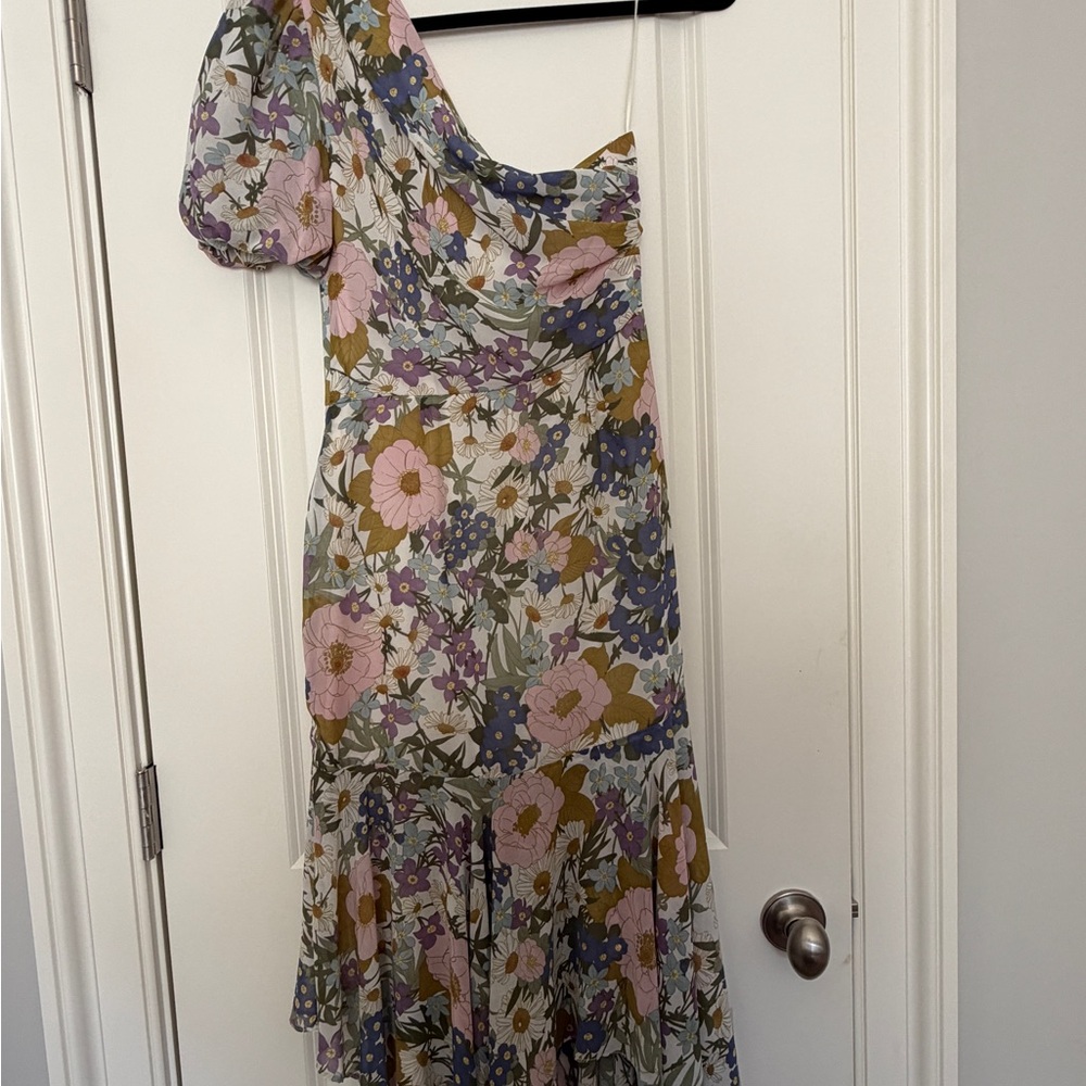 Astr One-Shoulder Floral Dress in Pink and Green